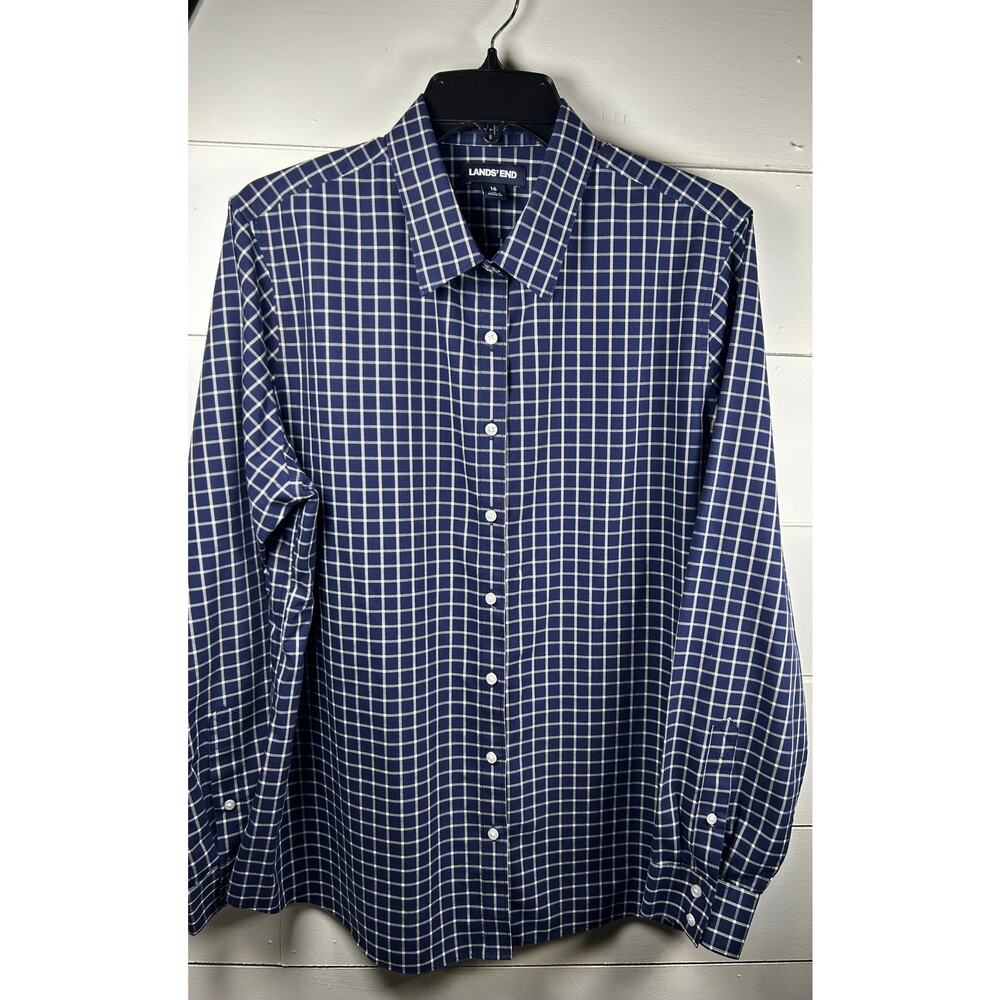 EUC Land's End Navy Blue and White Checkered Mens Button Up, Size 16 - Picture 4 of 9